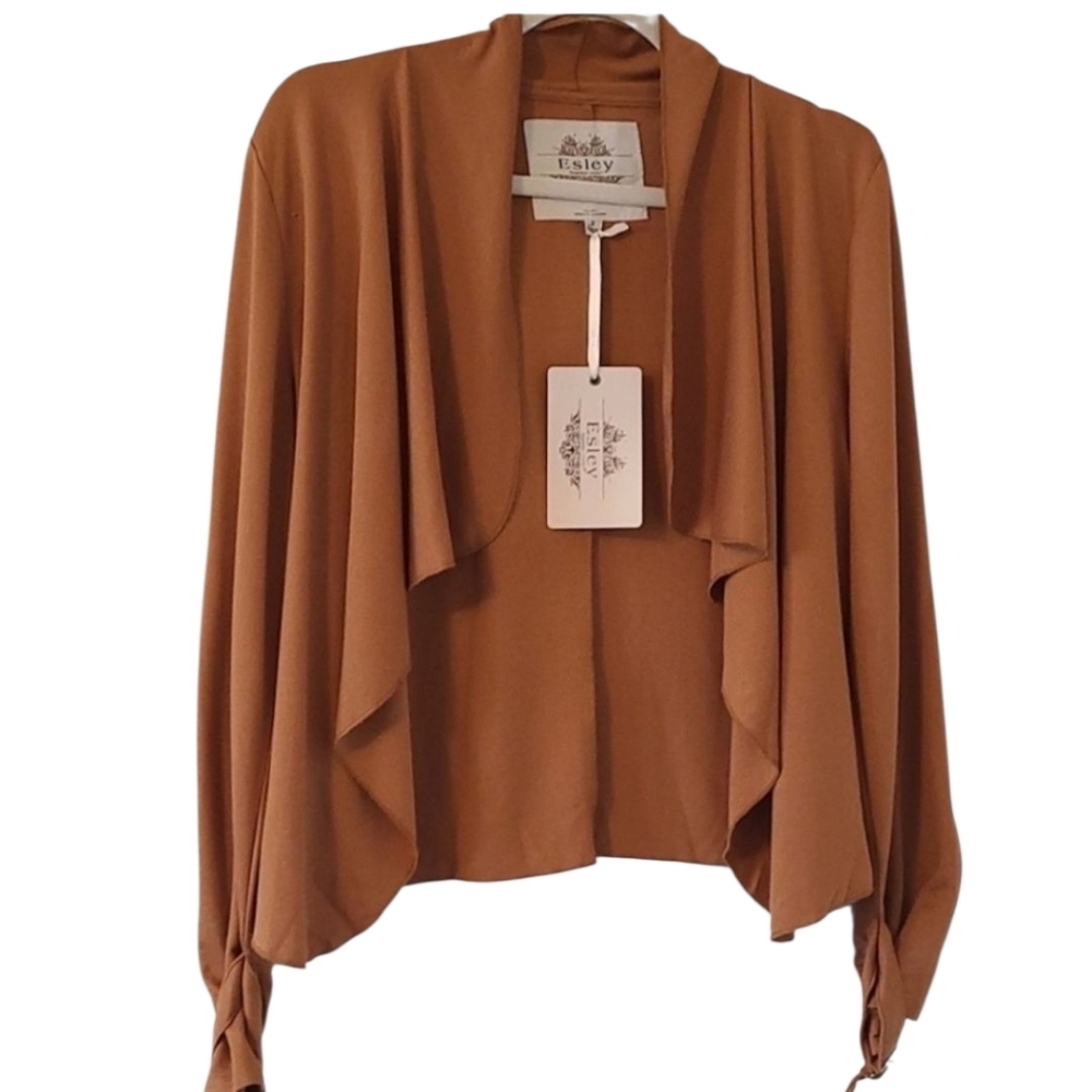 ESLEY Asymetrical Front opening Camel brown blazer Jacket Size Medium NWT